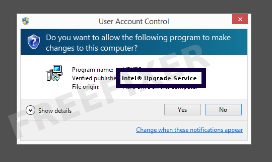 Screenshot where Intel® Upgrade Service appears as the verified publisher in the UAC dialog